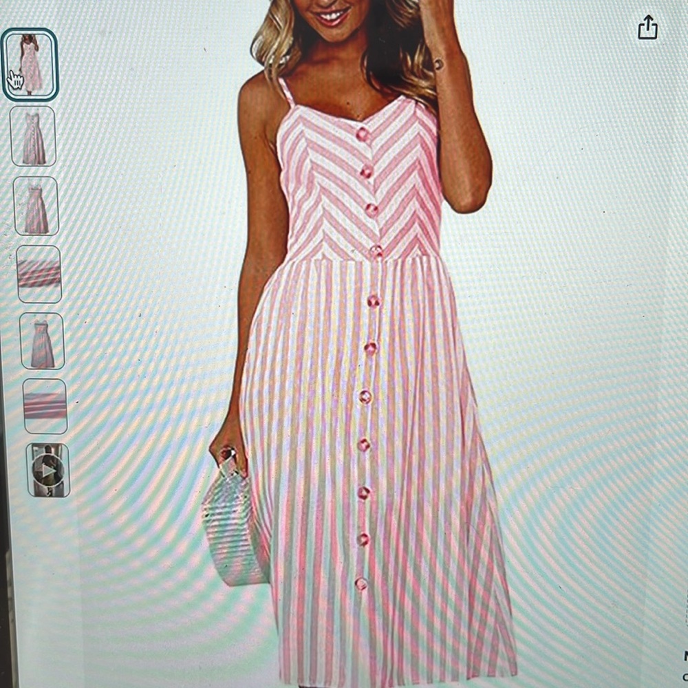 Summer bohemian spaghetti strap button down midi dress. Pink/White striped, M
